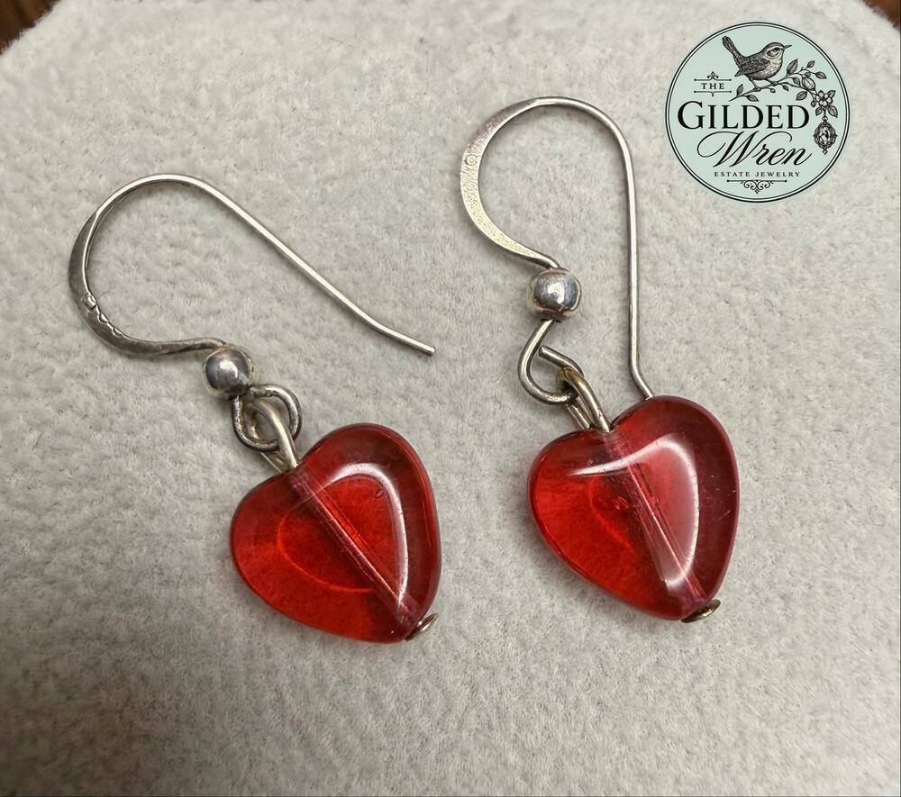 925 Sterling Silver Red Resin Heart Dangle Earrings 1.1” 1.56g
